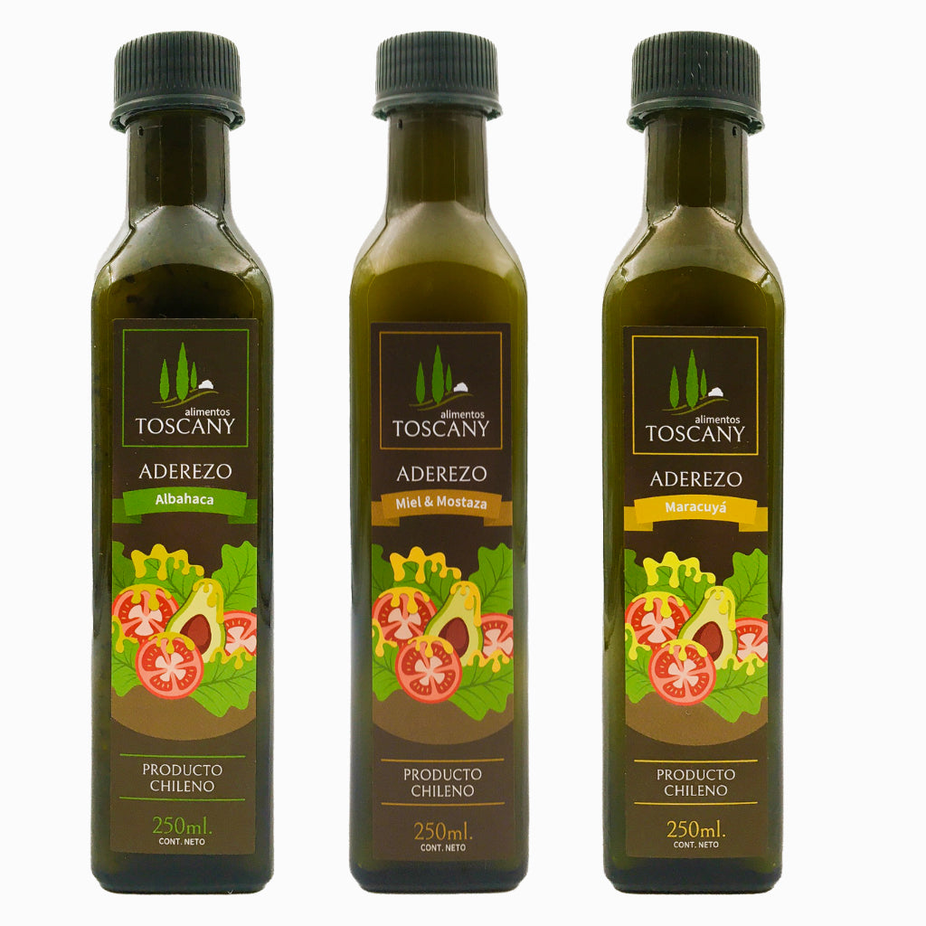 Pack Trío Aderezos de Albahaca, Miel Mostaza y Maracuyá