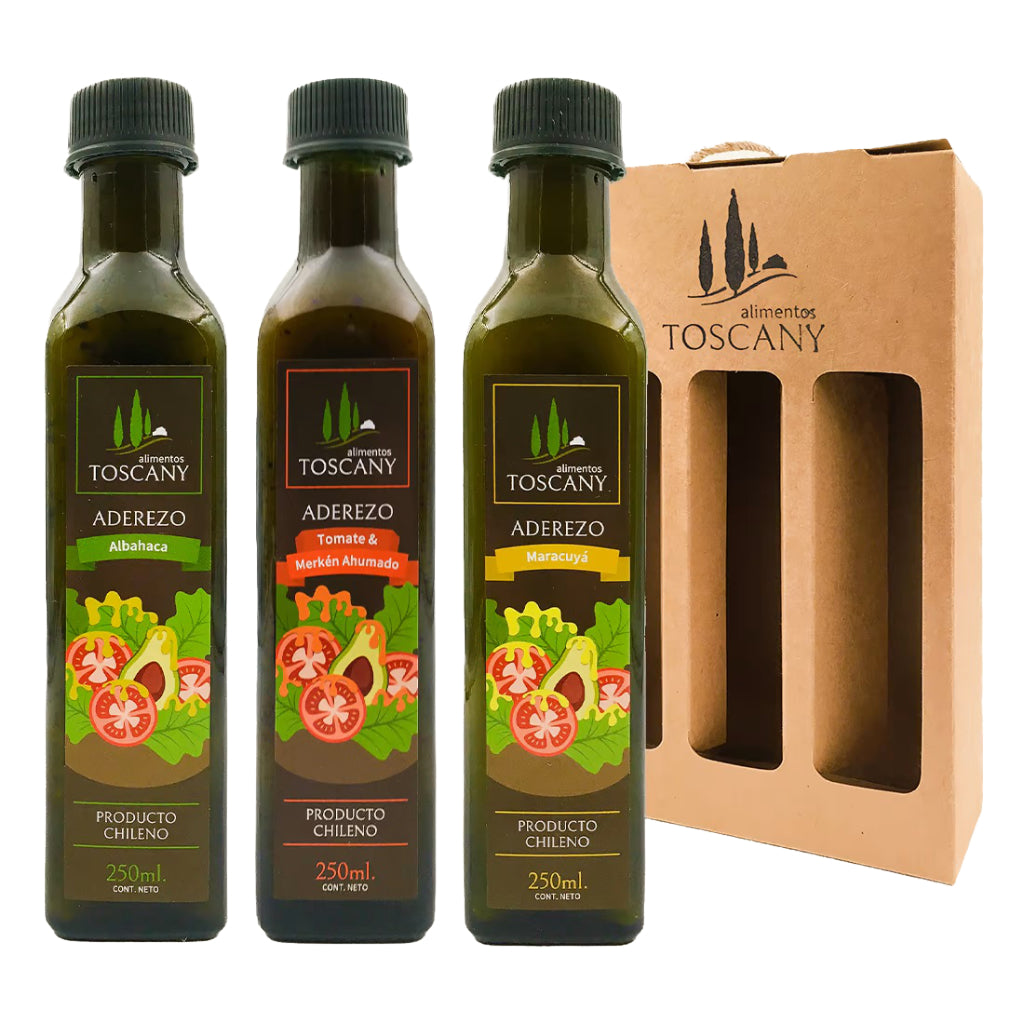 Pack Trío Aderezos de Albahaca, Tomate Merkén y Maracuyá