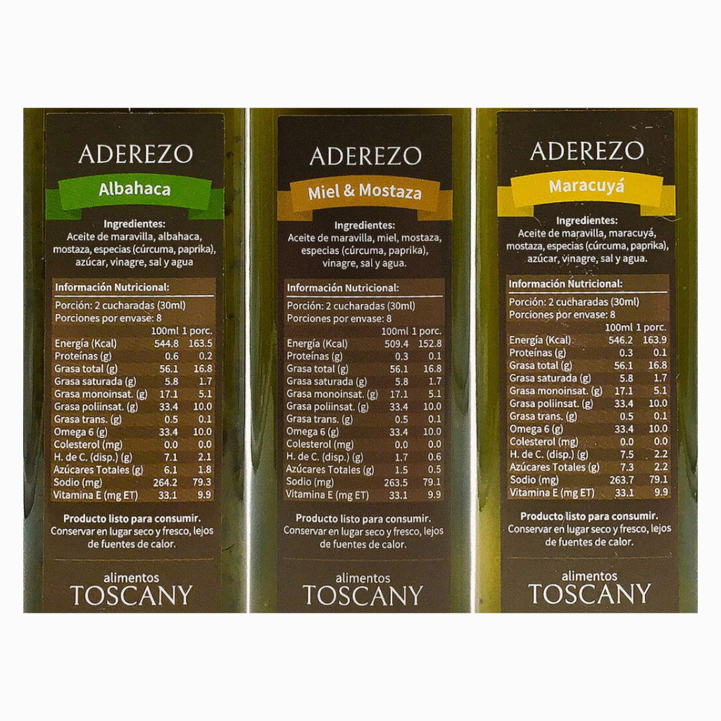 Pack Trío Aderezos de Albahaca, Miel Mostaza y Maracuyá